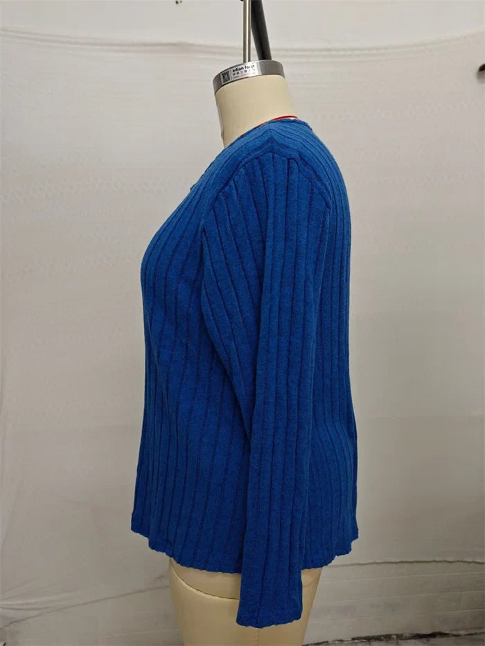 Plus Size Solid V-neck Chain Loose Long Sleeved Rib-knit Light Sweater