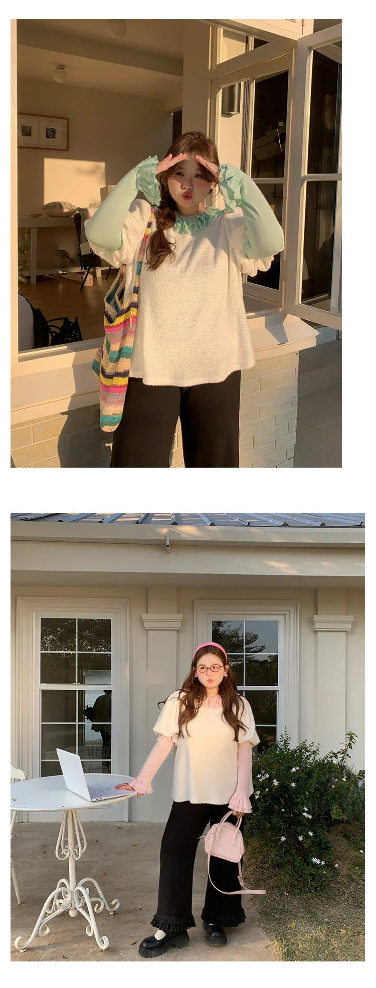 Solid Color Long Sleeve Sweet Double Layer Ruffles Crew Neck Knitted Sweater