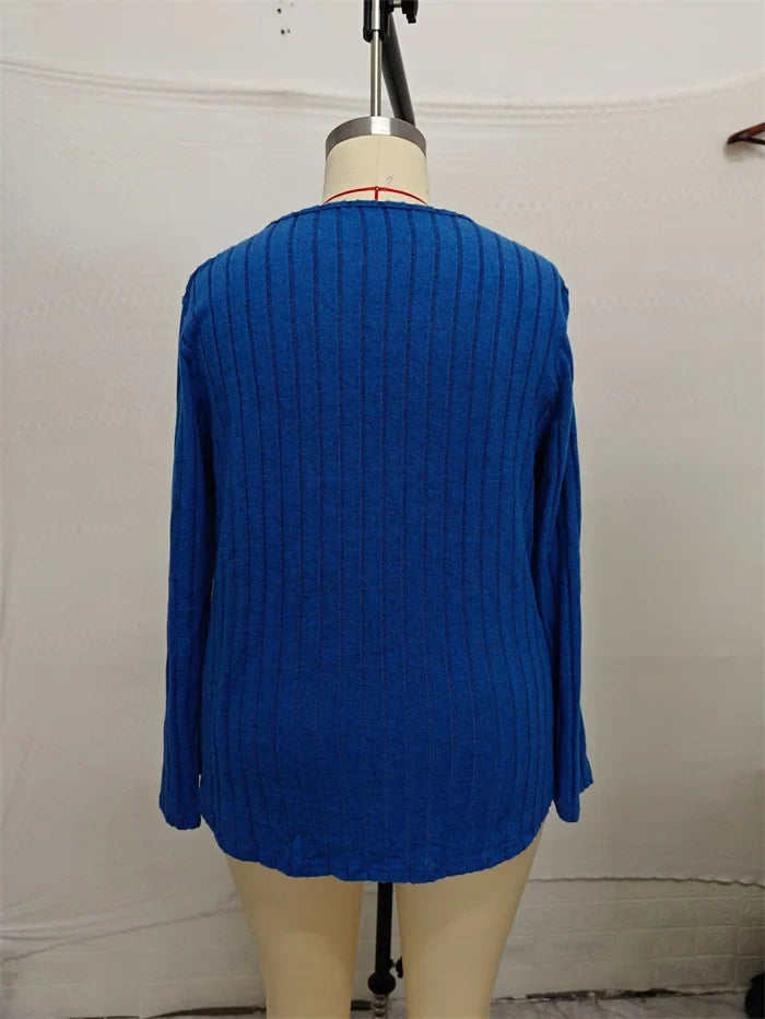 Plus Size Solid V-neck Chain Loose Long Sleeved Rib-knit Light Sweater