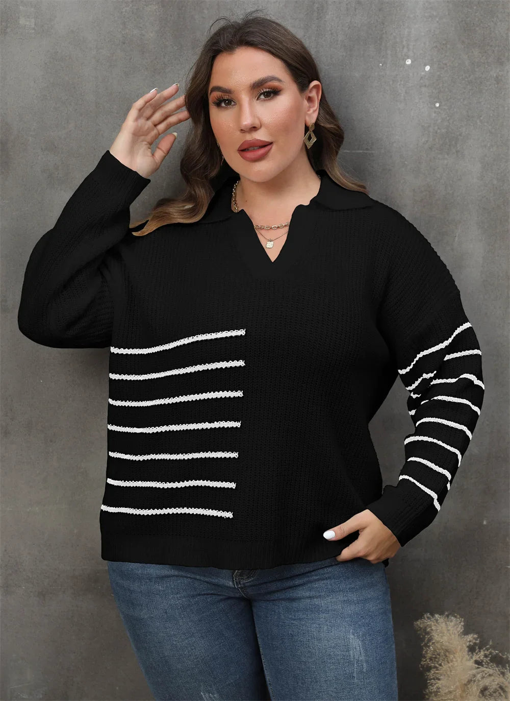 Plus Size Drop Shoulder Striped Knitted Pullover Sweater