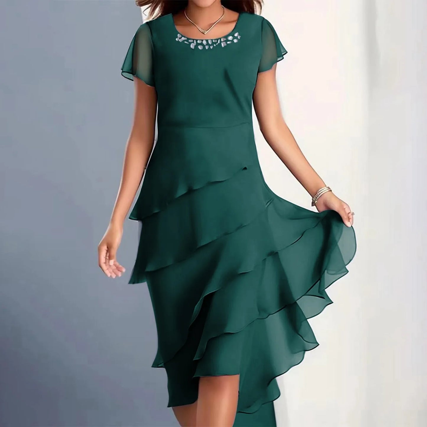 Plus Size Short Sleeve Round Neck Chiffon Paneled Dresses