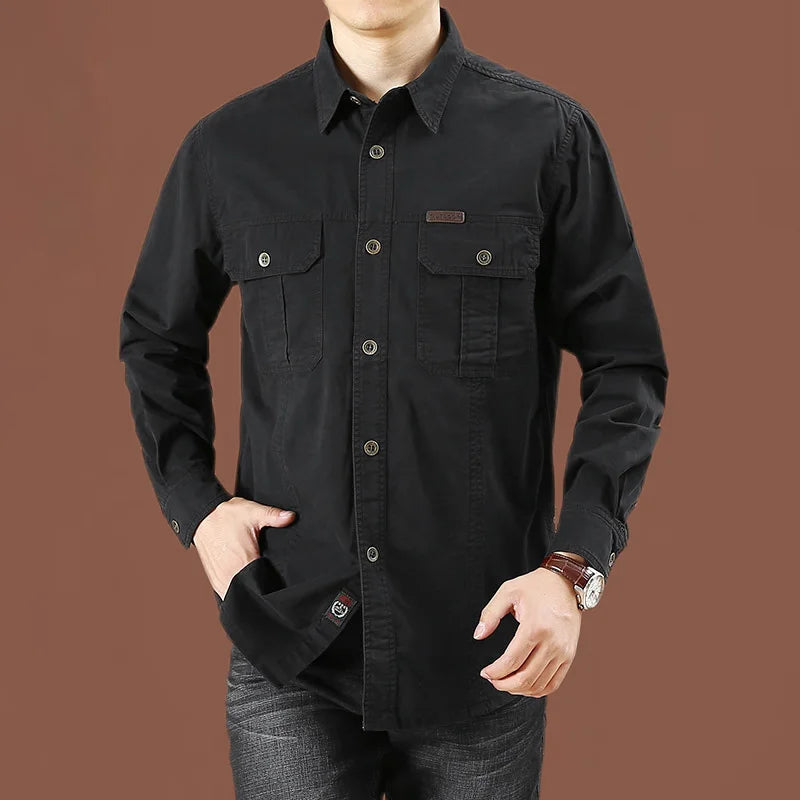 Cargo Shirt Men Long Sleeve Casual Cotton Shirts | Ships from US