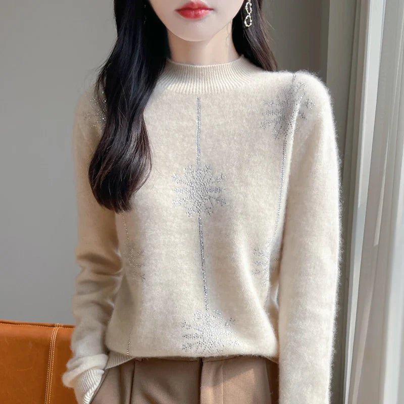Snowflake Mock Neck Long Sleeve Knitted Looser Pullovers