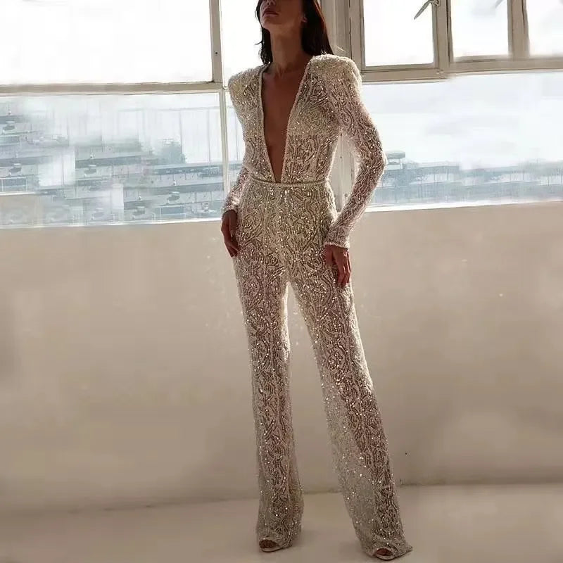 Sexy V-neck Long Sleeve Jumpsuit Spraying Design