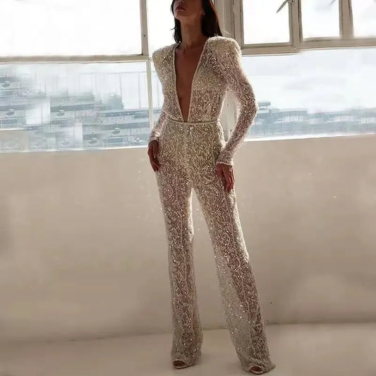 Sexy V-neck Long Sleeve Jumpsuit Spraying Design