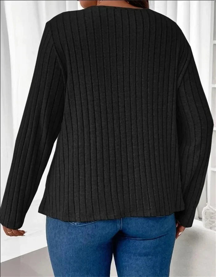 Plus Size Solid V-neck Chain Loose Long Sleeved Rib-knit Light Sweater
