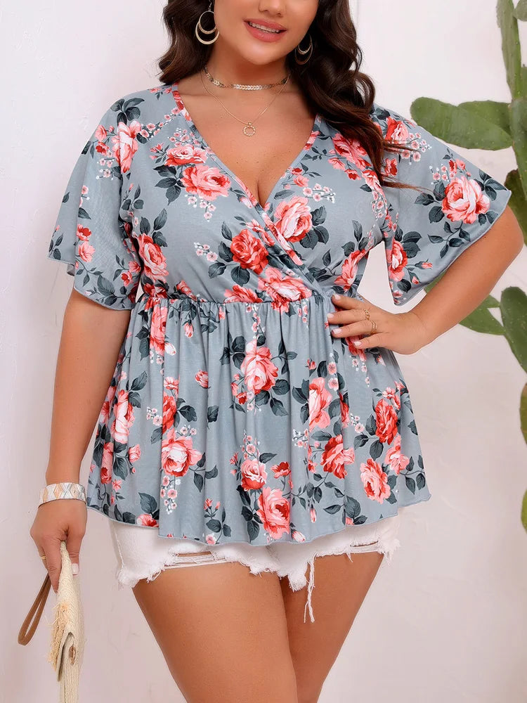 Plus Size Floral Print Casual Peplum Blouse
