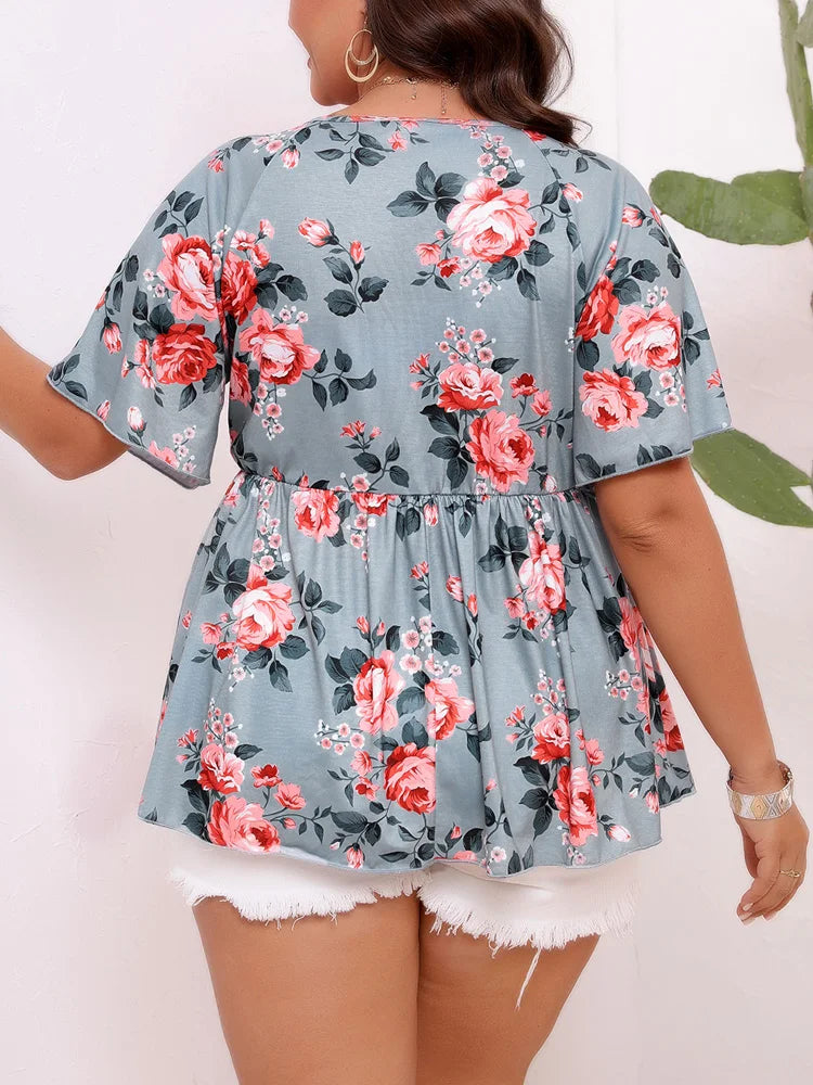 Plus Size Floral Print Casual Peplum Blouse