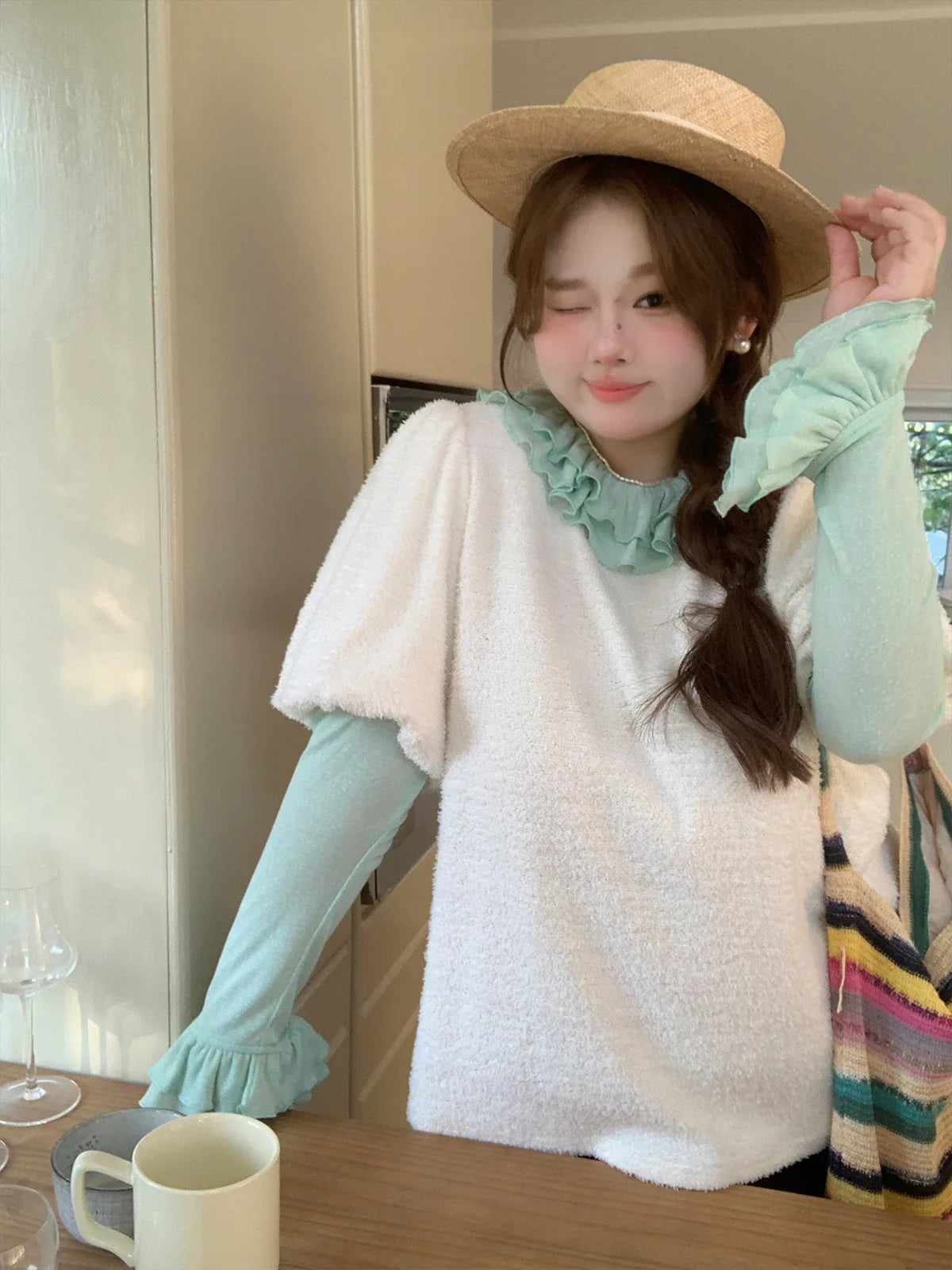 Solid Color Long Sleeve Sweet Double Layer Ruffles Crew Neck Knitted Sweater