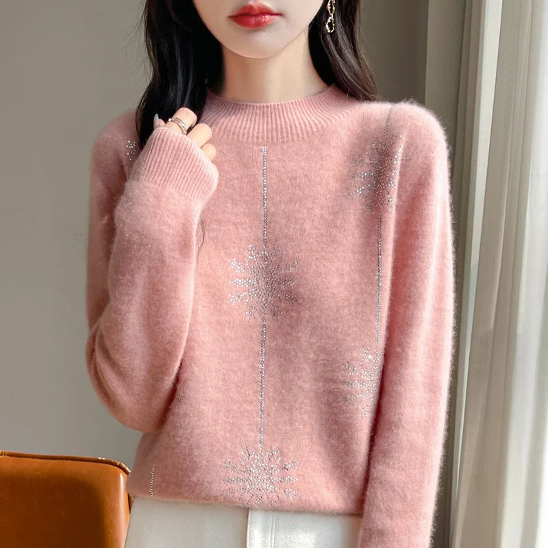 Snowflake Mock Neck Long Sleeve Knitted Looser Pullovers