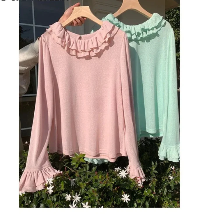 Solid Color Long Sleeve Sweet Double Layer Ruffles Crew Neck Knitted Sweater