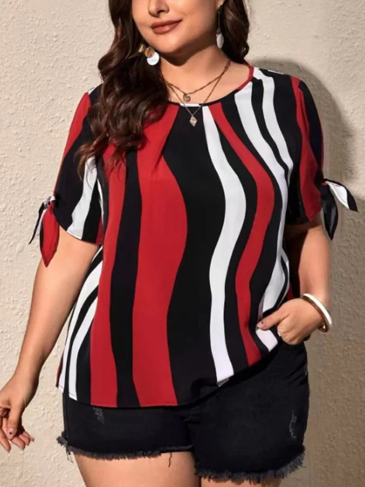 Plus Size Striped Short Sleeve Slit Tie O-Neck Women Blouses