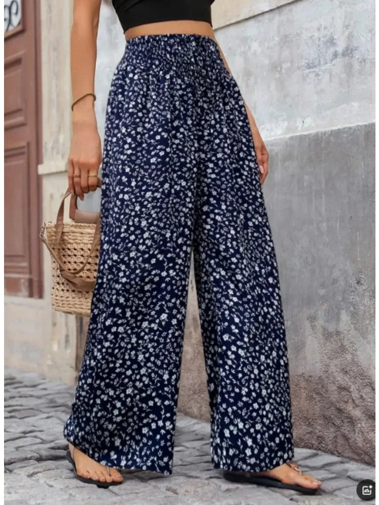 Floral Wide Leg  Flowy Ruffled High Waisted Summer Straight Pants