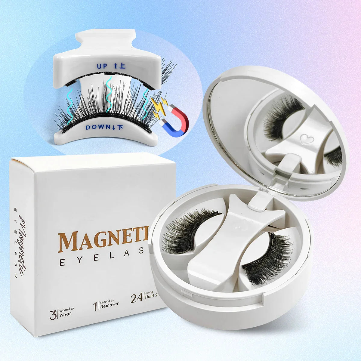 Magnetic Eyelashes Set 1 Pair Reusable No Glue Needed False Eyelashes with Magnetic Tweezers Curly Faux Lashes Makeup Tool