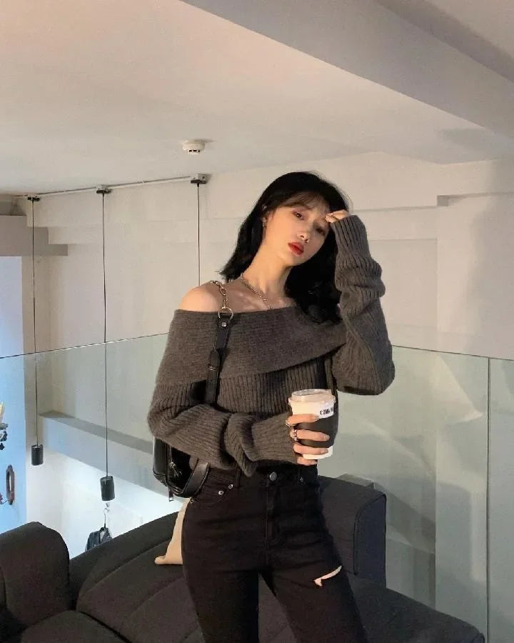 New Arriva Sexy Off-Shoulder Knit Thickened Soft Sweater Women