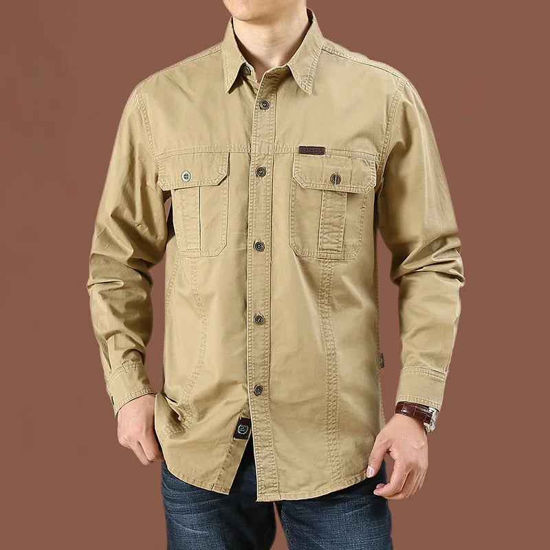 Cargo Shirt Men Long Sleeve Casual Cotton Shirts | Ships from US