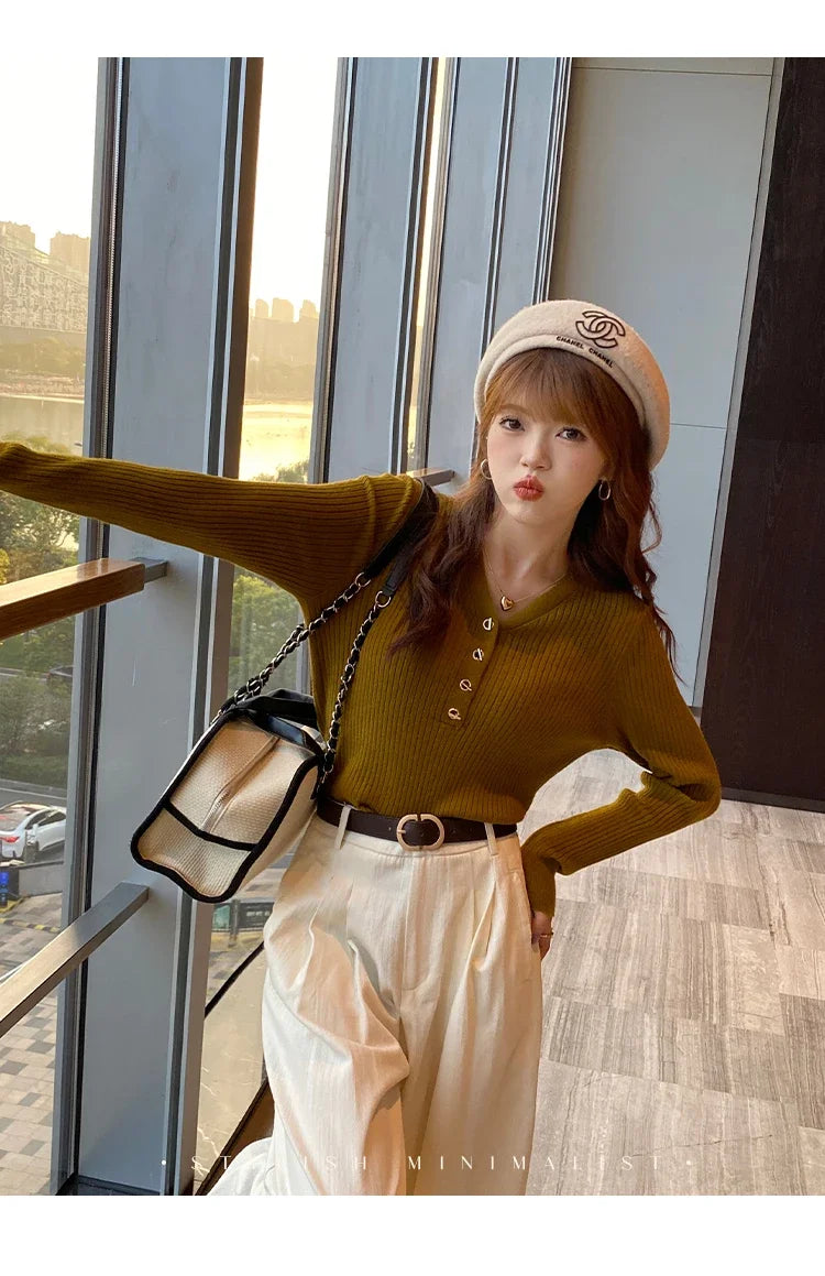 Sweaters Casual Slim Button Knitted Pullover Sweater