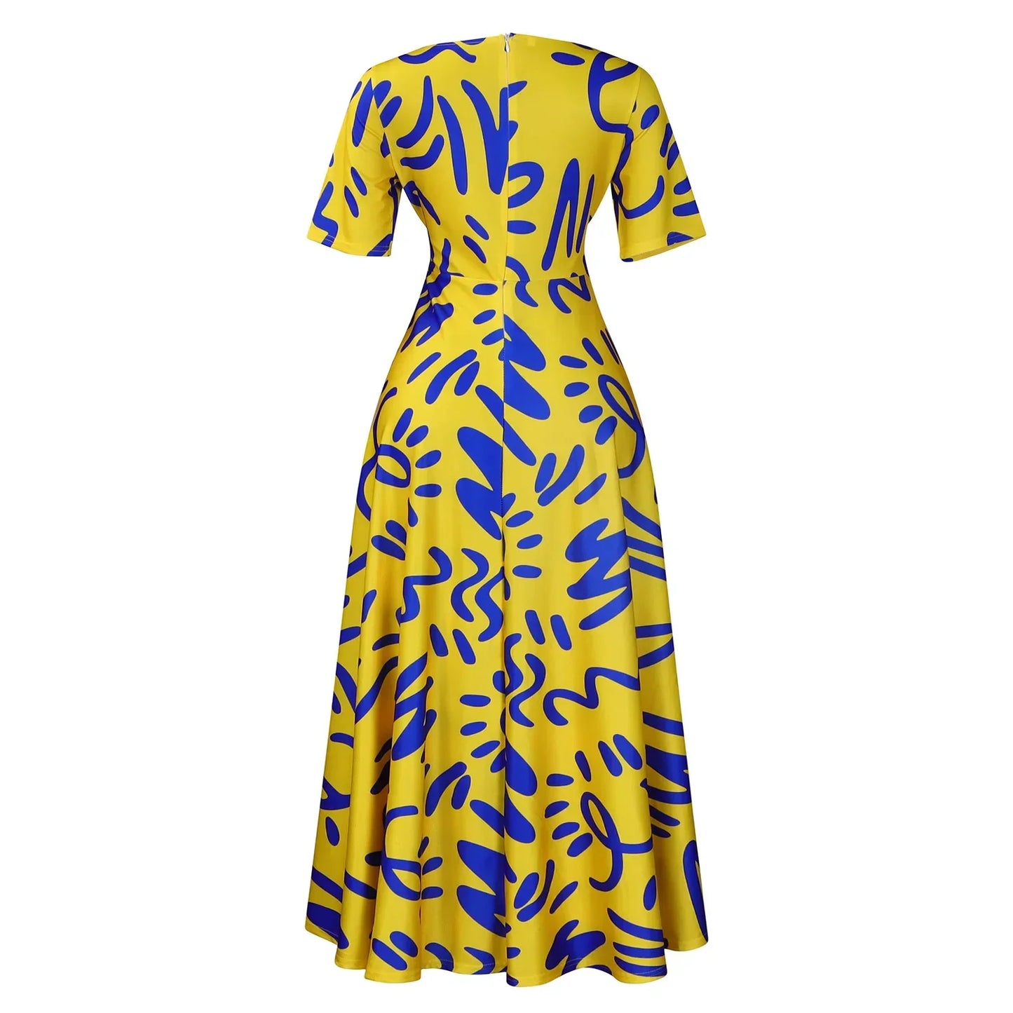 Printed Belted Dress Elegant  Knee-Length Round Neck Short Sleeve Dress