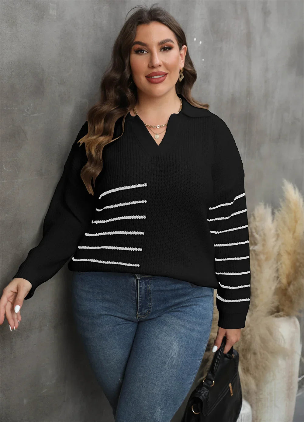 Plus Size Drop Shoulder Striped Knitted Pullover Sweater
