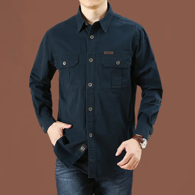 Cargo Shirt Men Long Sleeve Casual Cotton Shirts | Ships from US