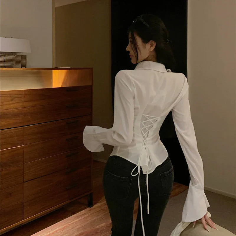 Gidyq Fashion Women Bandage Shirts Korean All Match