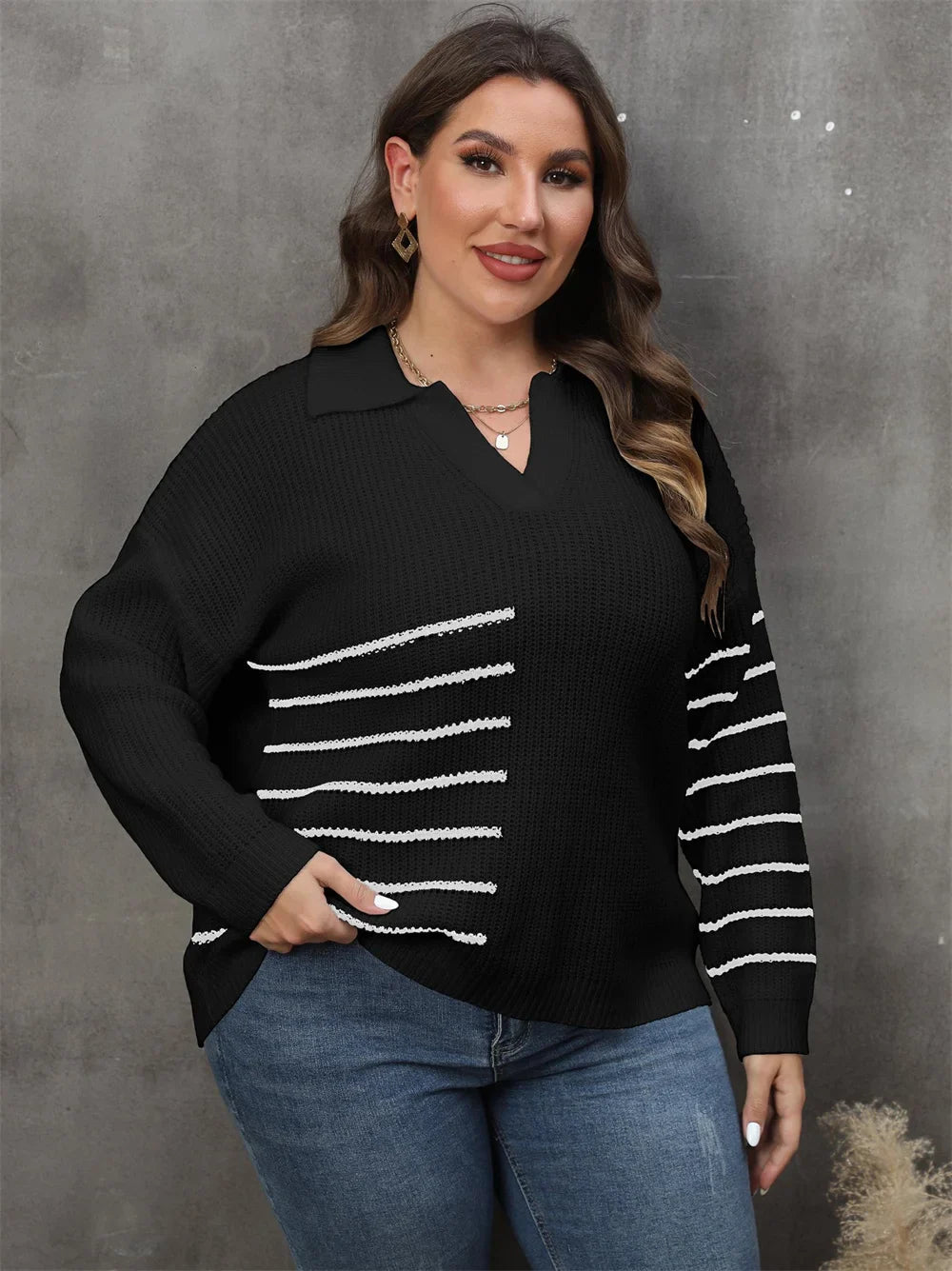 Plus Size Drop Shoulder Striped Knitted Pullover Sweater