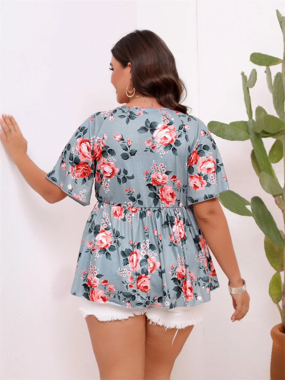 Plus Size Floral Print Casual Peplum Blouse