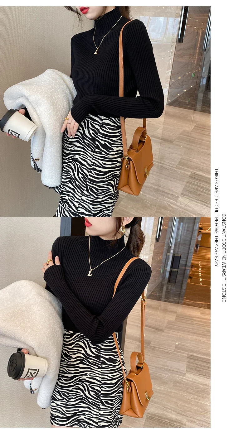 Pullover Long Sleeve Mock Neck Knitted Women Sweater