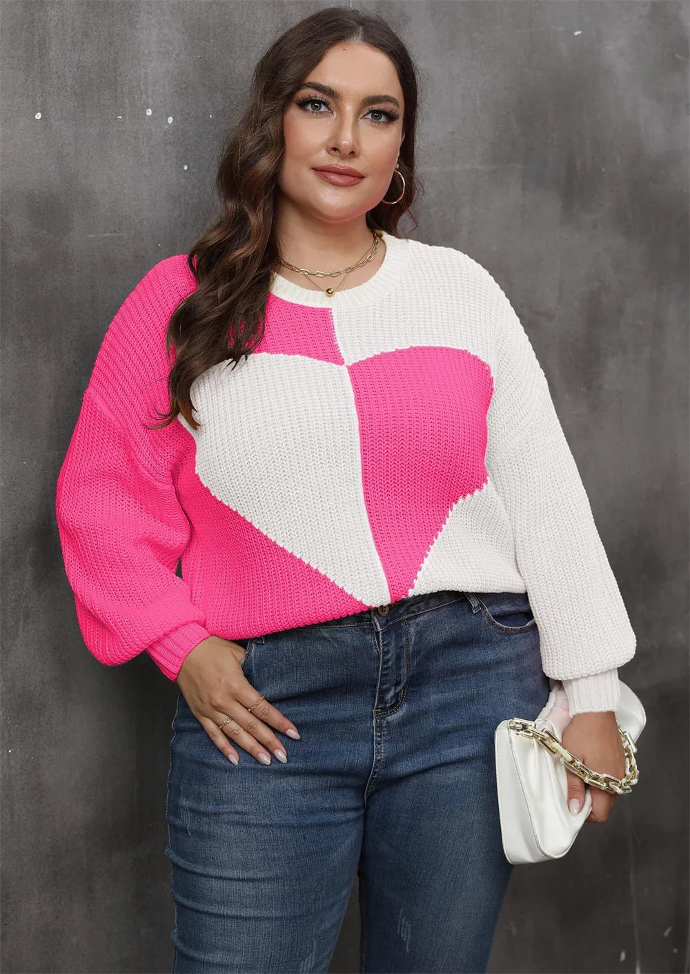 Plus Size Heart Color Block Crew Neck Sweaters Drop Shoulder