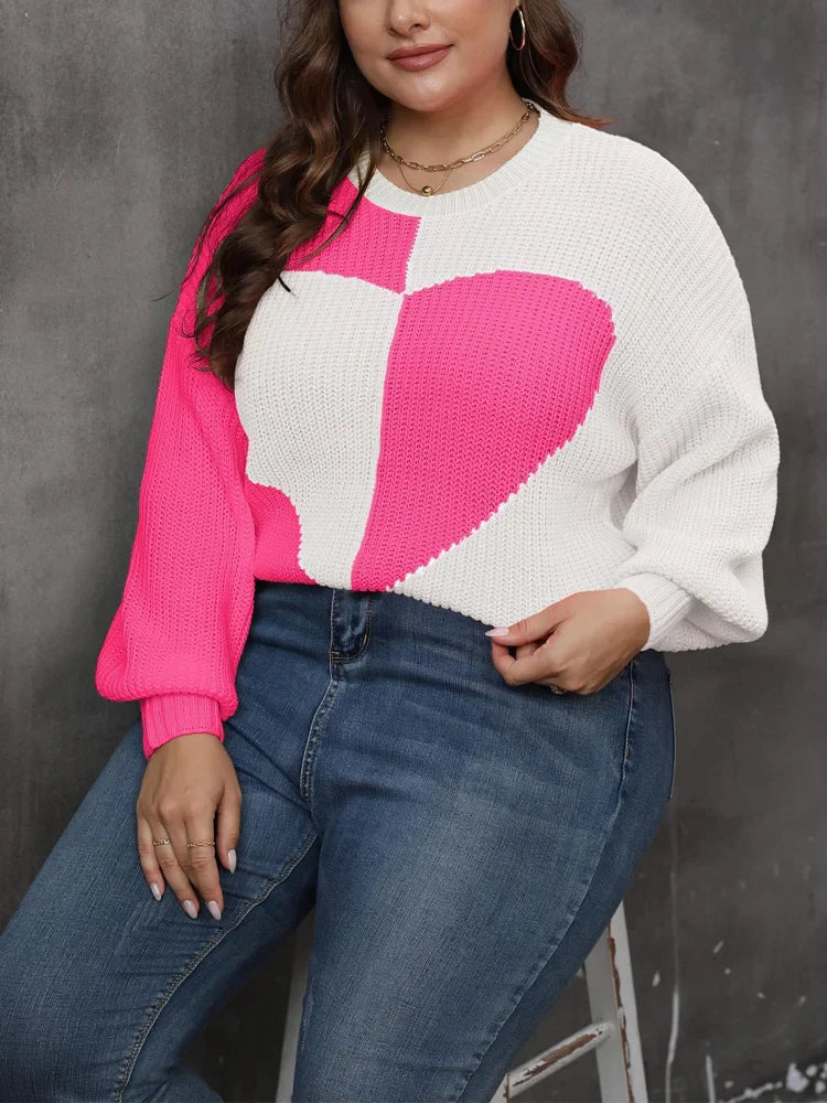 Plus Size Heart Color Block Crew Neck Sweaters Drop Shoulder