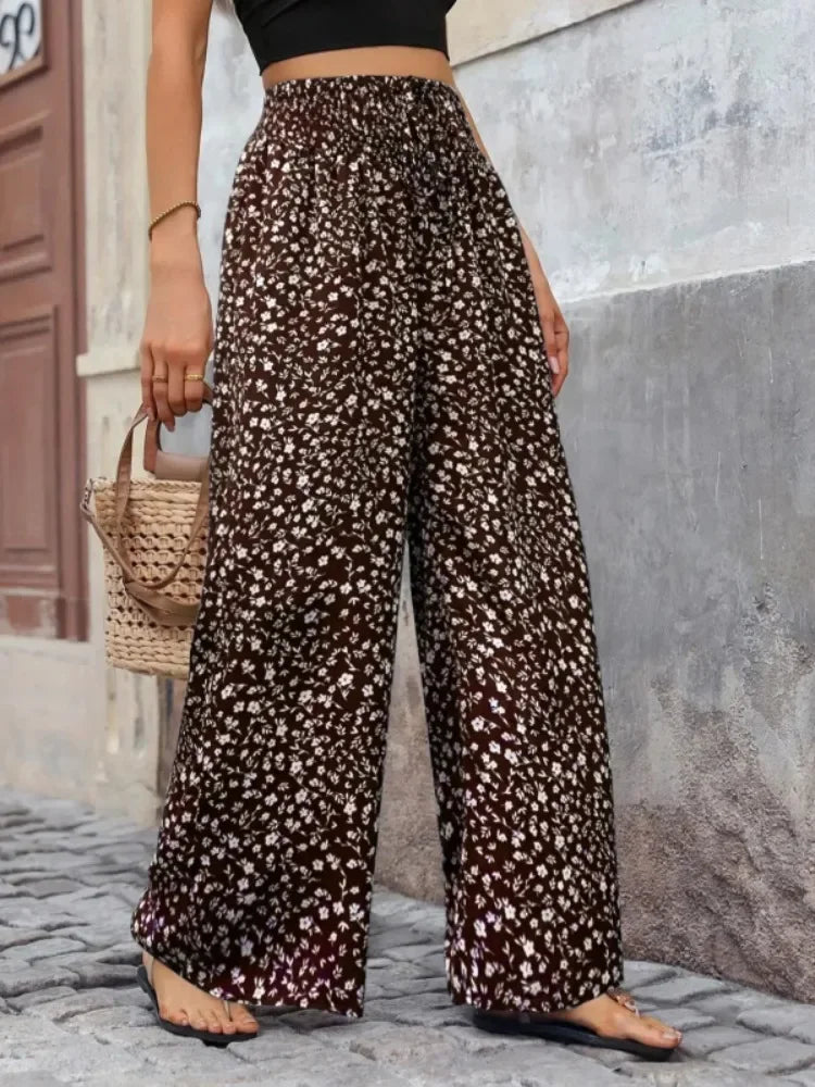 Floral Wide Leg  Flowy Ruffled High Waisted Summer Straight Pants