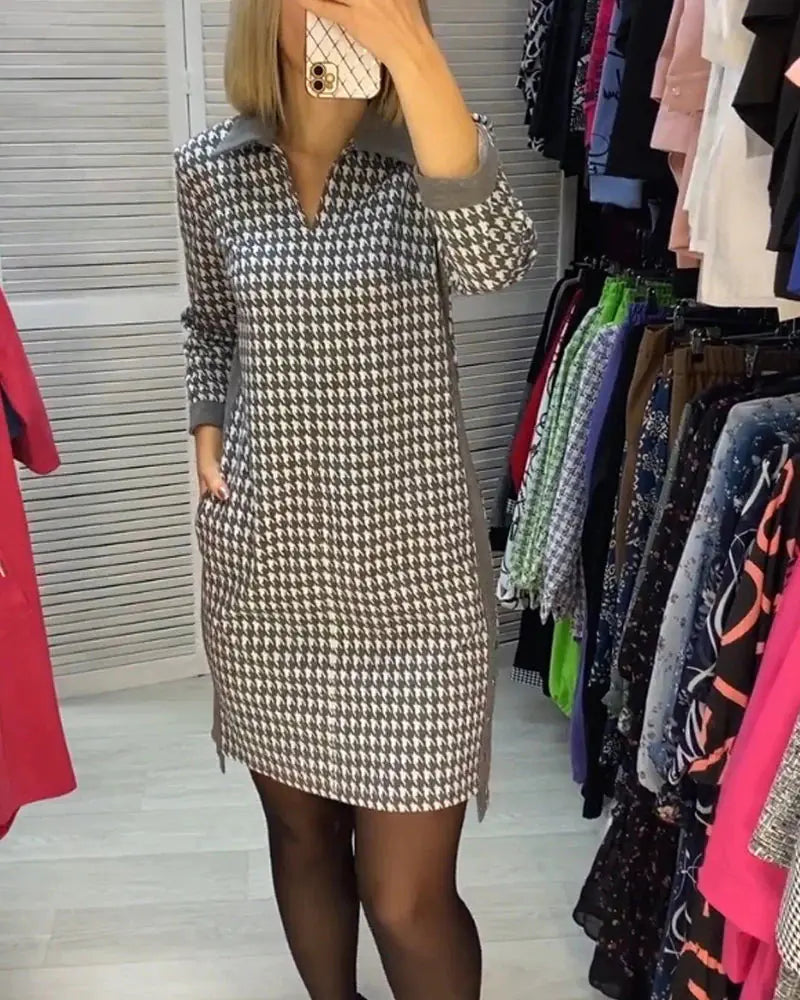 Floral Print Slim Fit V-neck Long-sleeve Dress