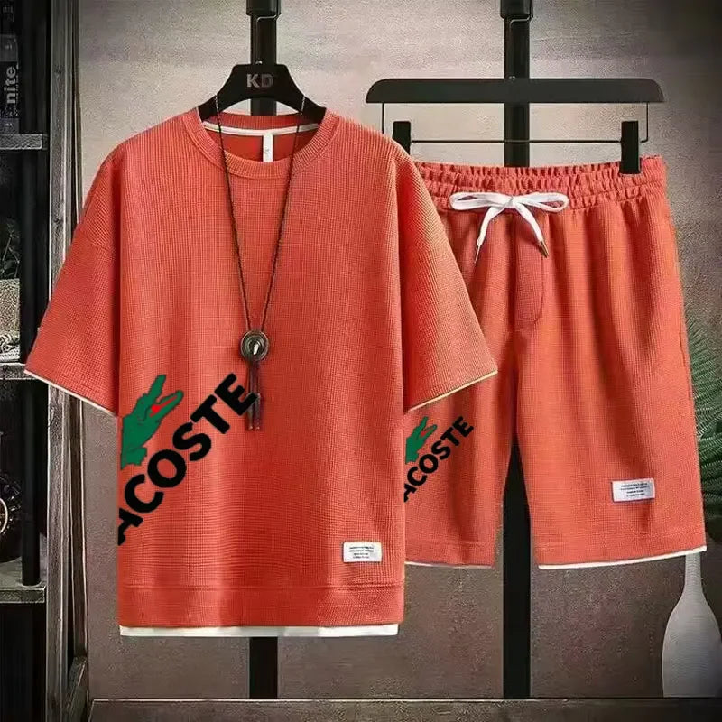 2025 Waffle pattern 2-piece set, men's shorts set, sum | Ships from US