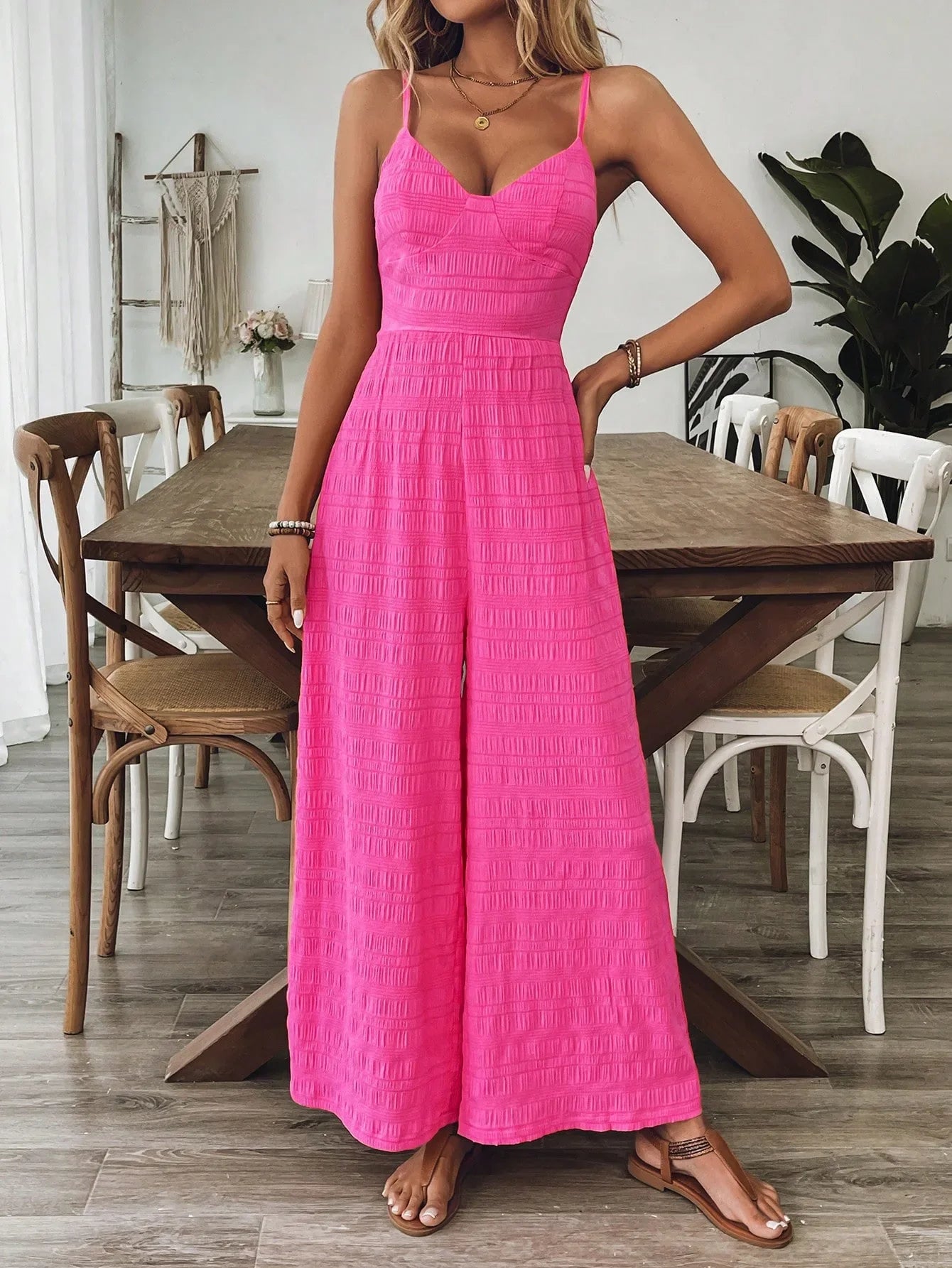 Women's Jumpsuits  Rose Red Sexy Backless Strap Wide-foot Jumpsuits