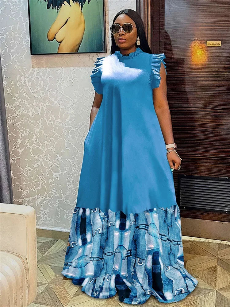 Wm star Plus Size Patchwork Elegant Full Length  Maxi Dress