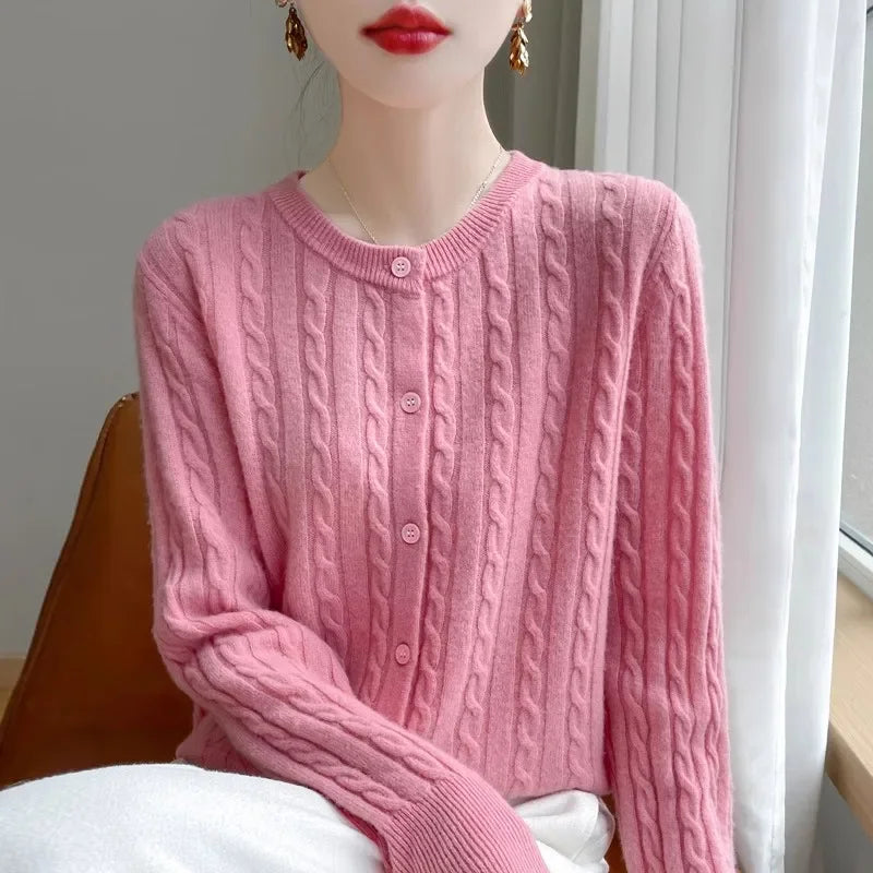 Long Sleeve Knitted O-neck Basic Thick Warm Cardigan