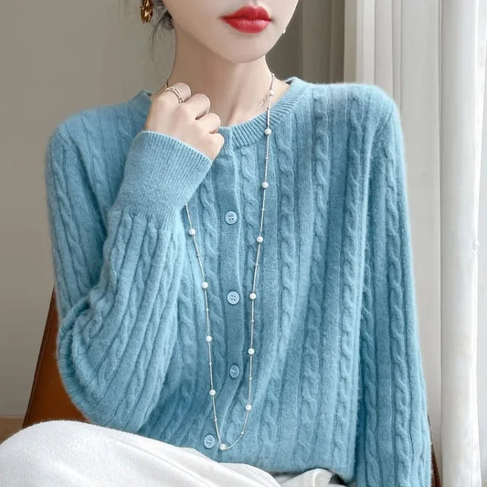 Long Sleeve Knitted O-neck Basic Thick Warm Cardigan