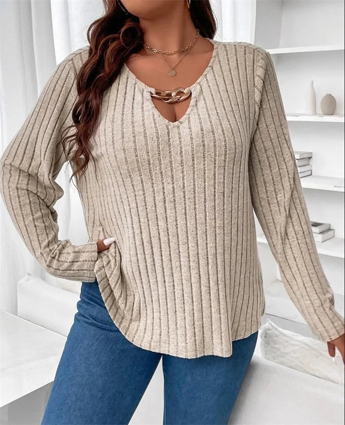 Plus Size Solid V-neck Chain Loose Long Sleeved Rib-knit Light Sweater