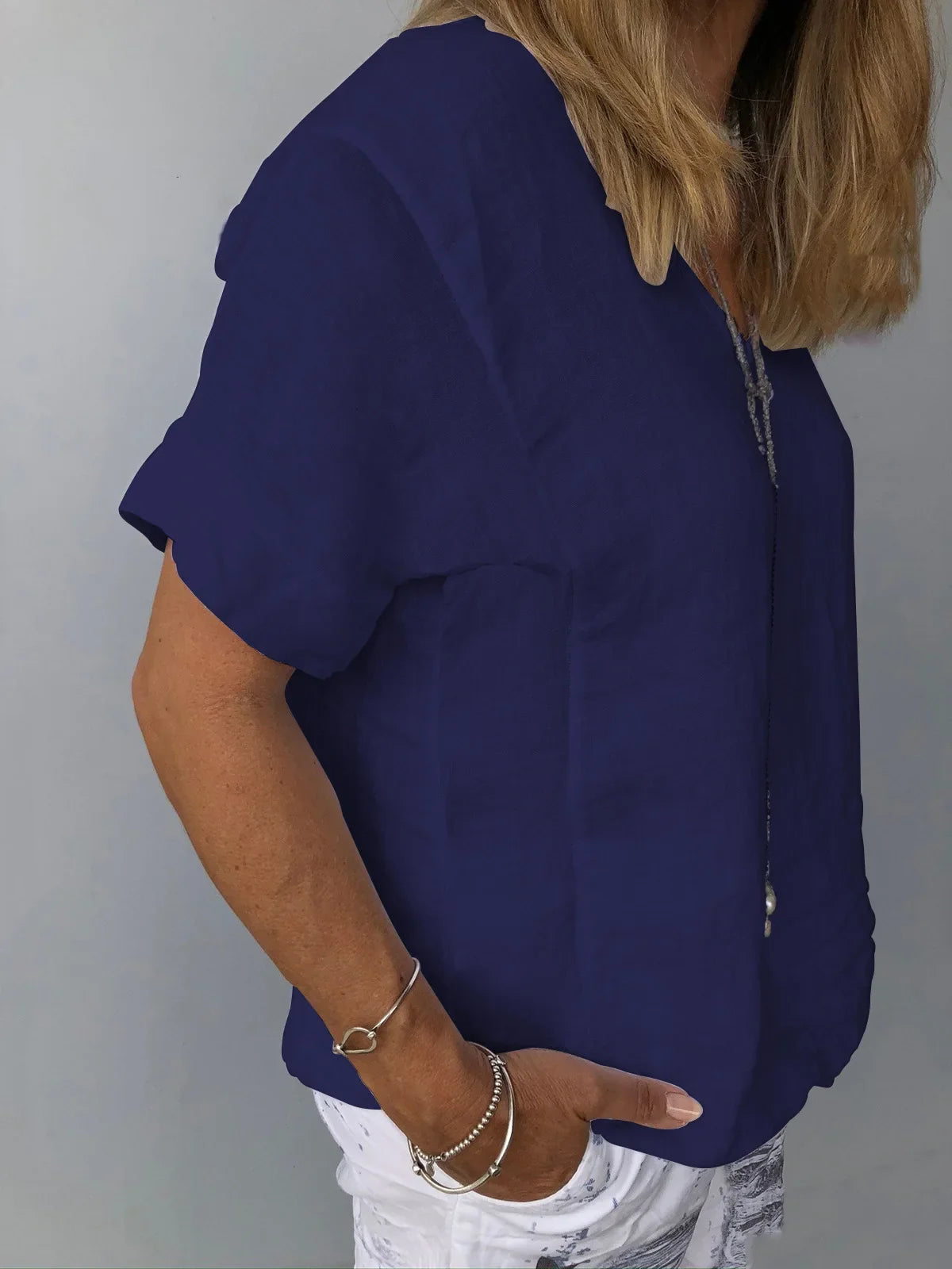 Women Solid Color Cotton Linen Blouse