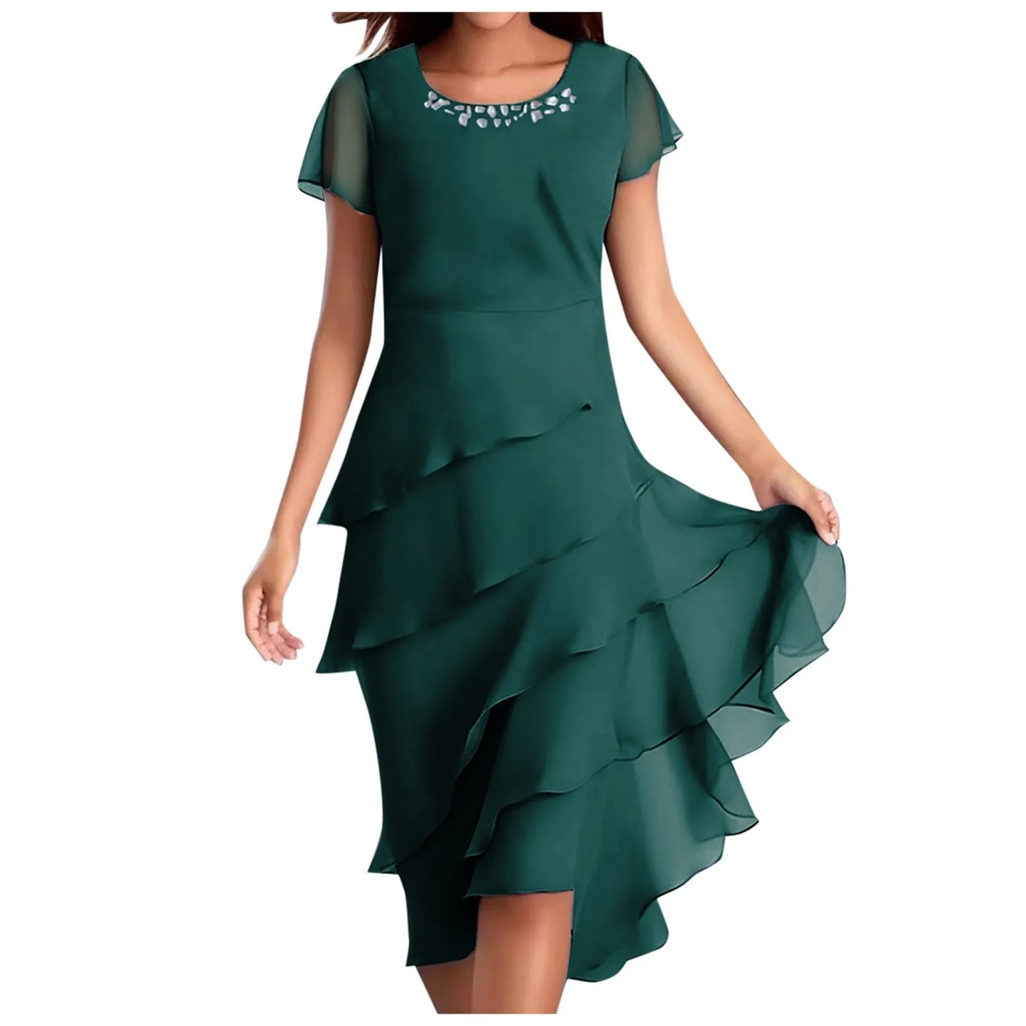 Plus Size Short Sleeve Round Neck Chiffon Paneled Dresses