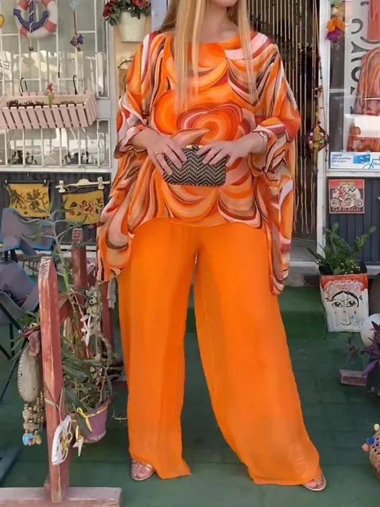 Print Chiffon Two Piece Set Women O Neck Long Sleeve Top Wide Leg Pants