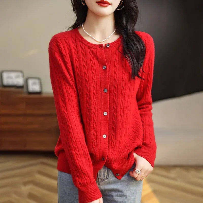 Long Sleeve Knitted O-neck Basic Thick Warm Cardigan