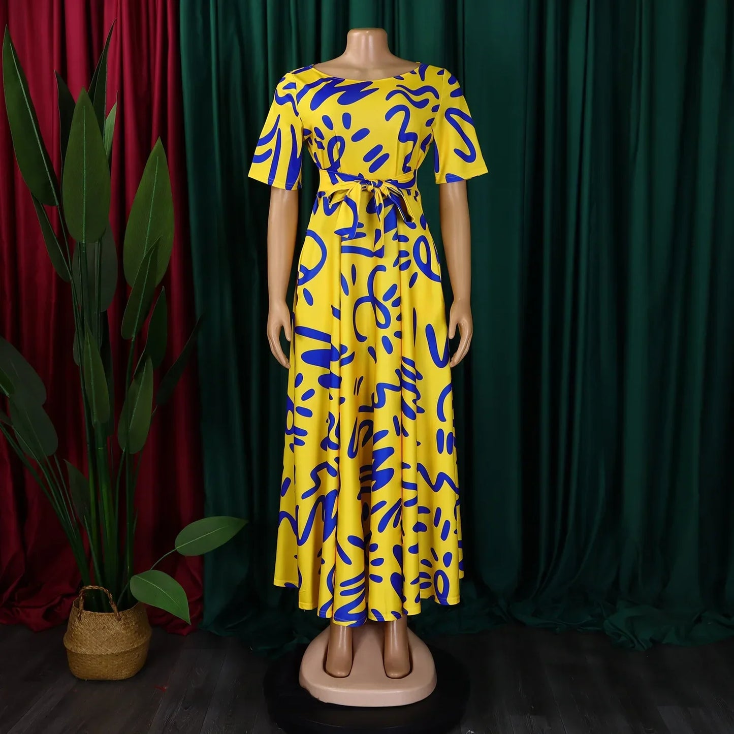 Printed Belted Dress Elegant  Knee-Length Round Neck Short Sleeve Dress