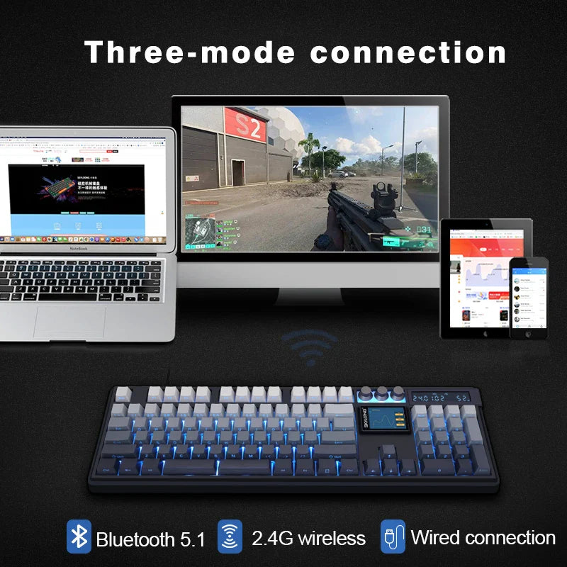 Wireless Mechanical Keyboard with 3.0 Screen 3 Knobs Hot-Swappable Silent Switch PBT keycaps