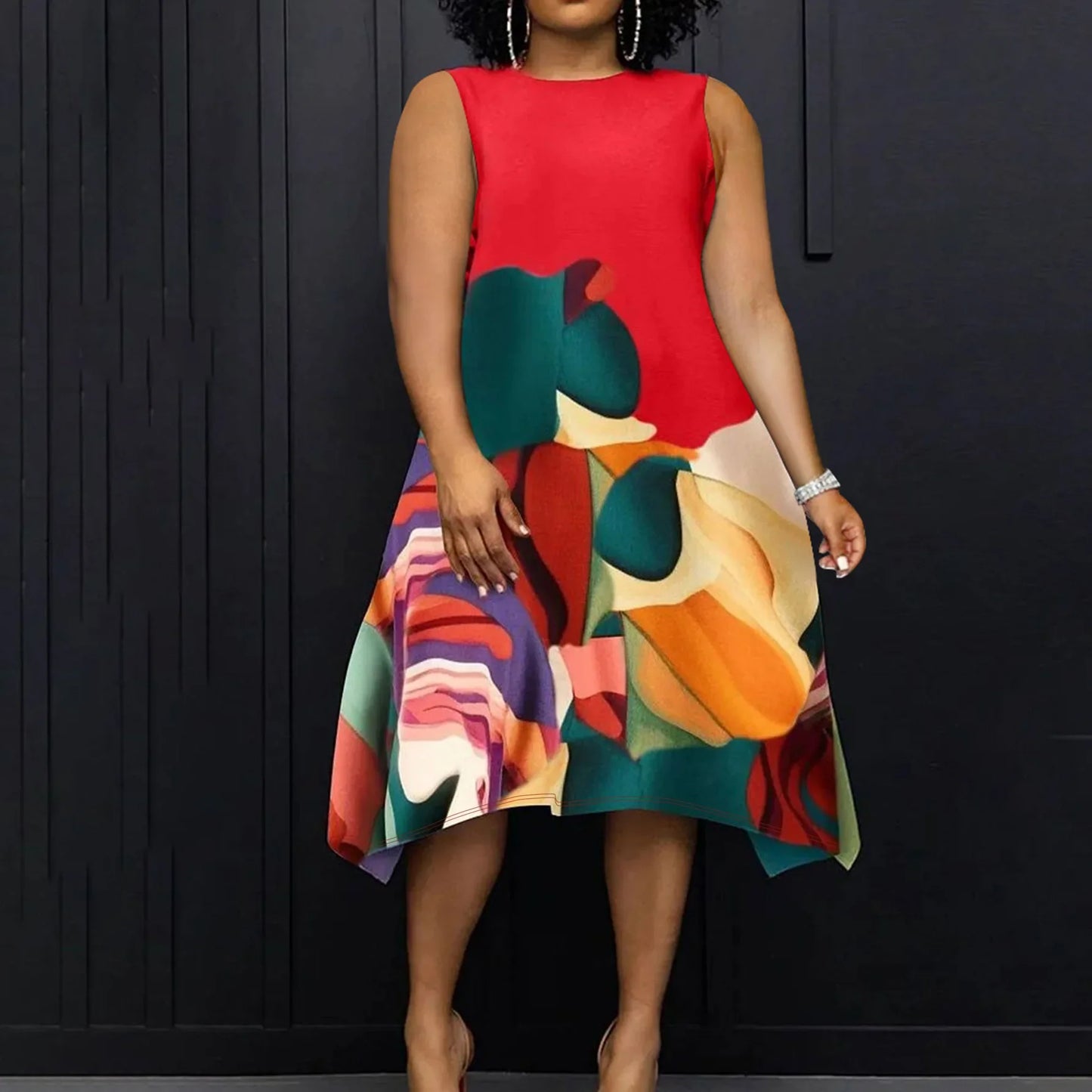 Summer Autumn Sleeveless Street Style Casual Plus Size Midi Dress