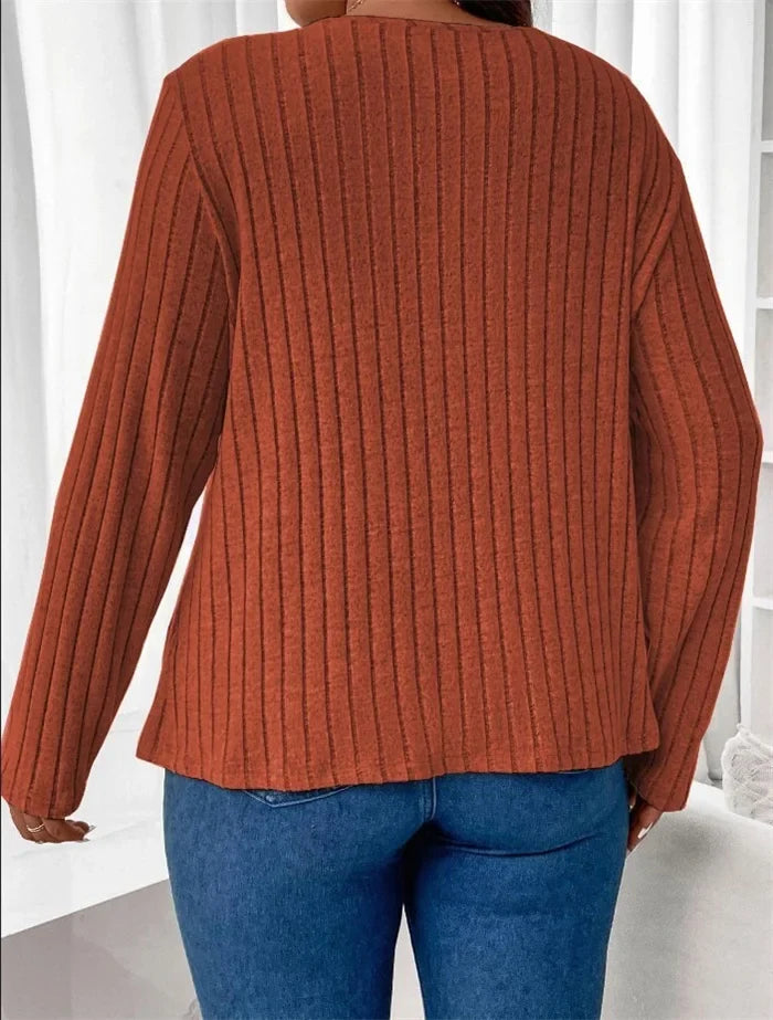 Plus Size Solid V-neck Chain Loose Long Sleeved Rib-knit Light Sweater