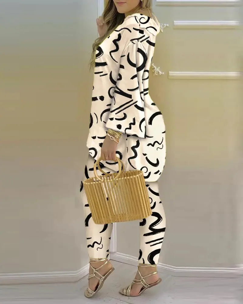 Long Sleeve V-neck Polyester Printing Two Pieces Sets