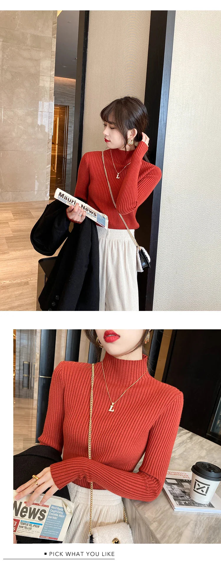 Pullover Long Sleeve Mock Neck Knitted Women Sweater