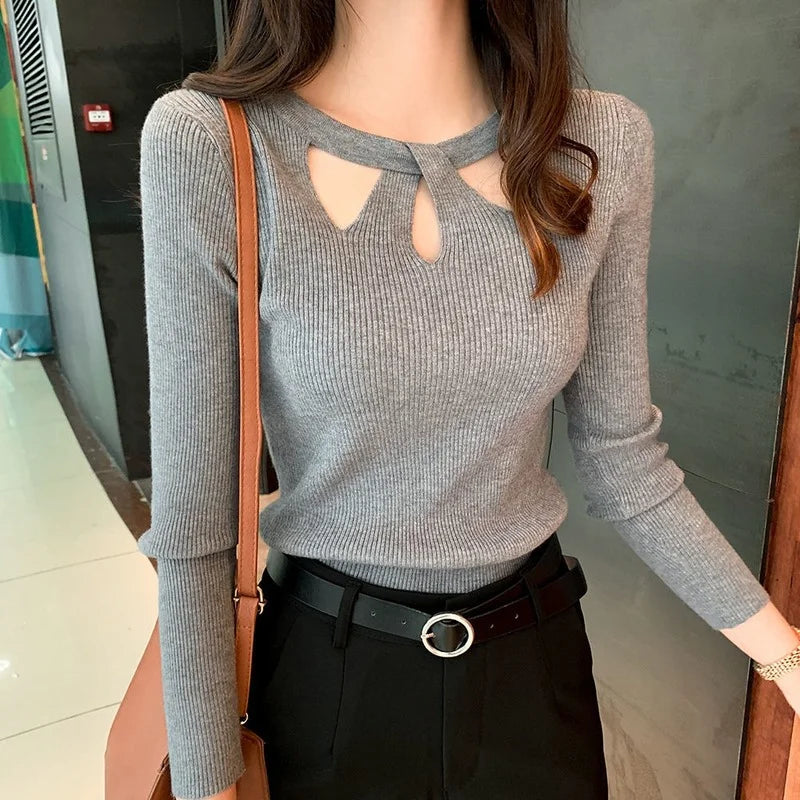O-neck Stretch Sexy Pullover  Hollow Solid Color Sweater