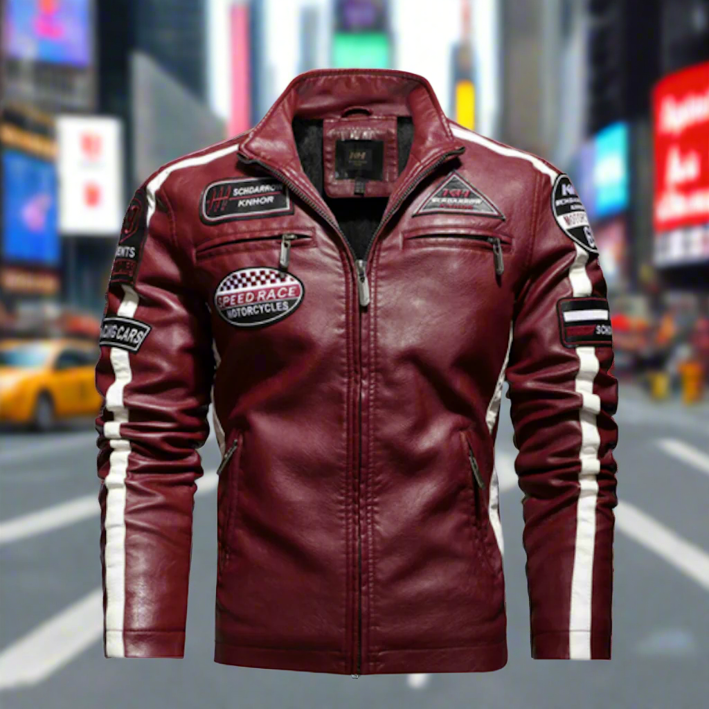 Mens Biker Vegan Leather Jacket With Badges
